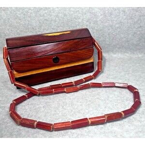 Vintage 70s Wooden Slat Shoulder Bag Small Size Two Tone Lined Snap Button Boho